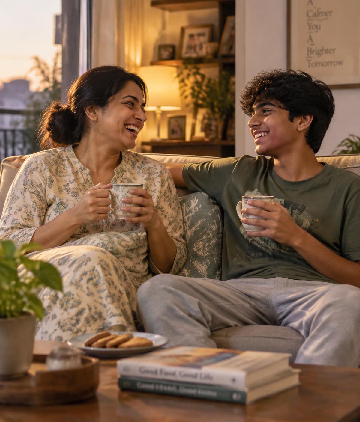 A parent and teenager laughing together over tea at home